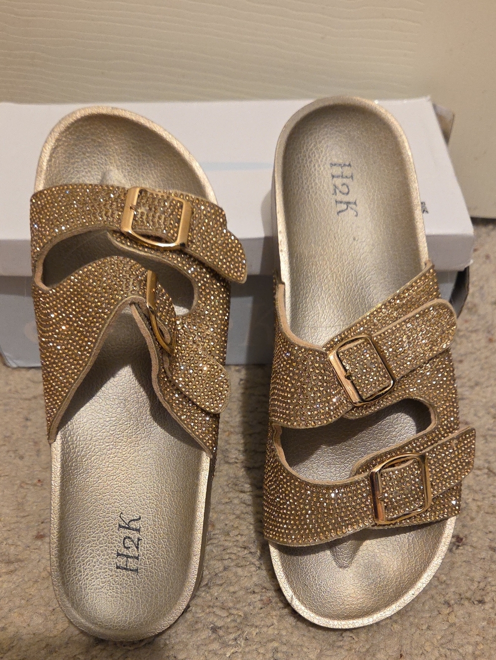 Gold Sparkle Double-Buckle Slide Sandals for Women